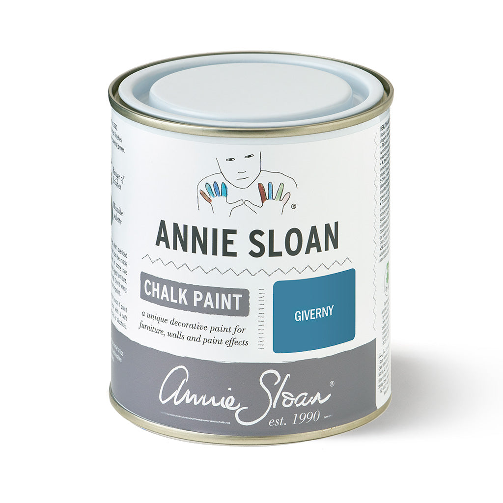 Can of Annie Sloan Chalk Paint in Giverny color on a white background