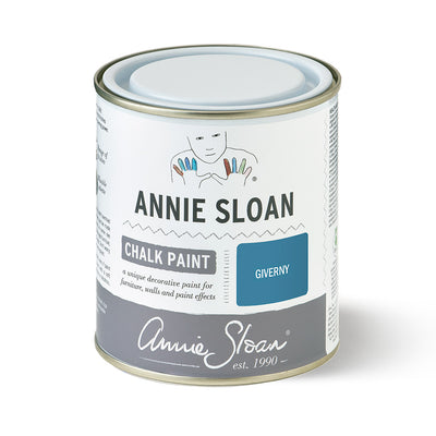 Can of Annie Sloan Chalk Paint in Giverny color on a white background