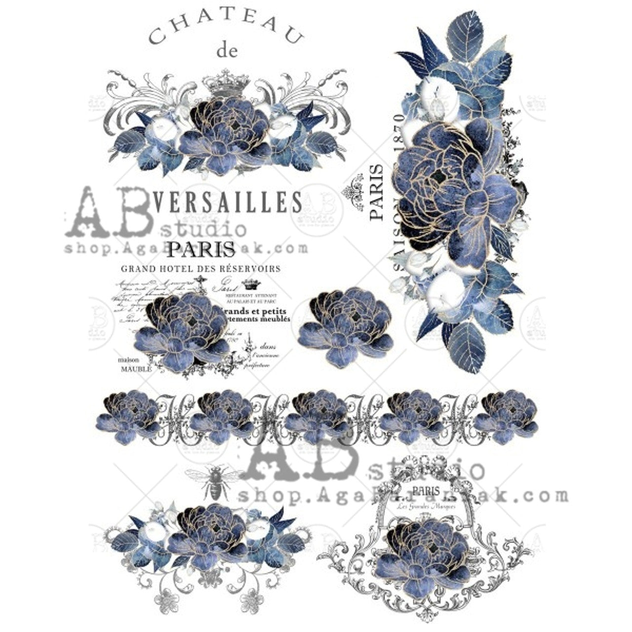 Blue Floral Parisian Rice Paper